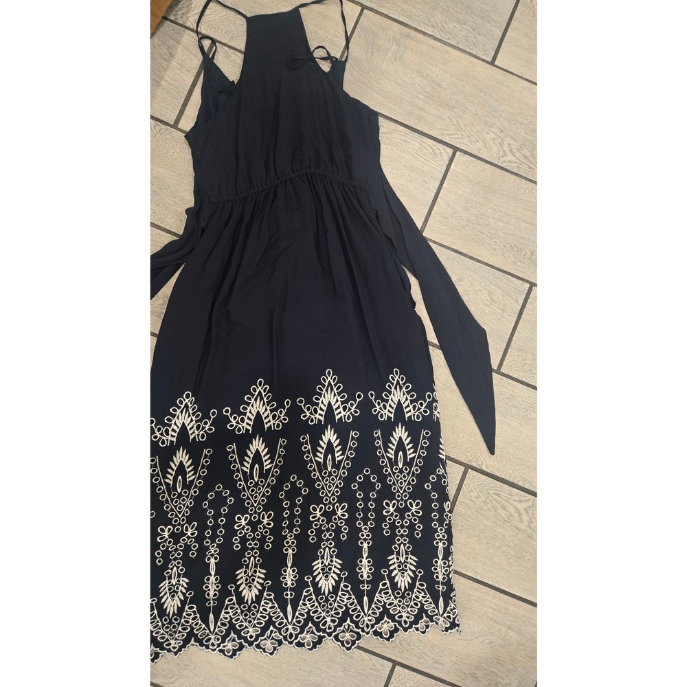 Gibson & Latimer Navy Blue Halter Midi Dress Embroidered Eyelet Hem Tie Waist S - Picture 5 of 5